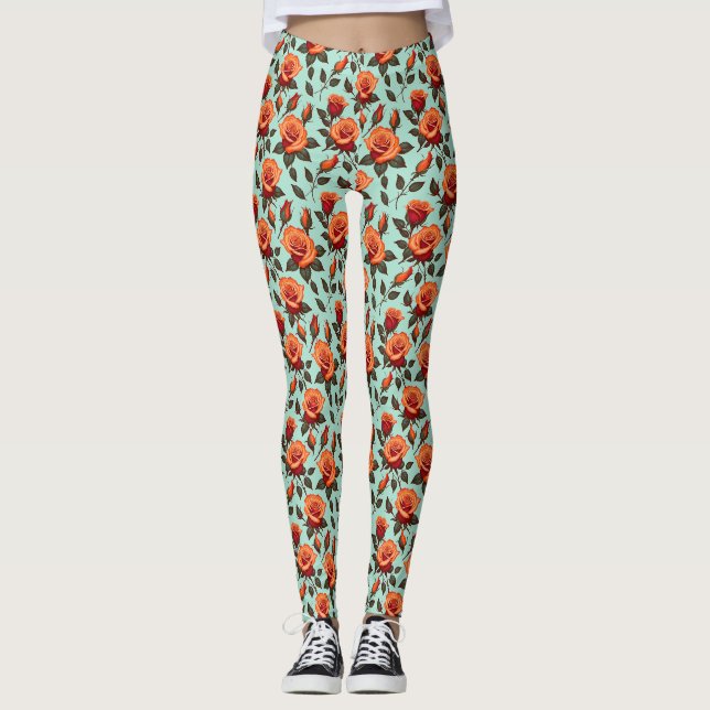 Vibrant Orange And Red Roses Leggings (Front)