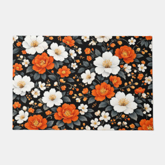 Vibrant Orange and White Flowers on Black  Doormat