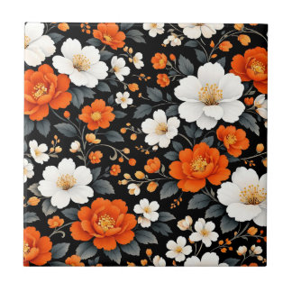 Vibrant Orange and White Flowers on Black  Tile