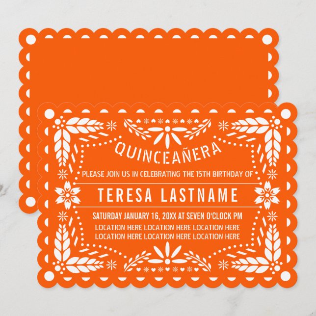 Vibrant orange and white papel picado Quinceañera Invitation (Front/Back)
