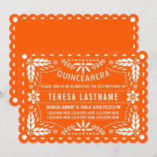 Vibrant orange and white papel picado Quinceañera Invitation