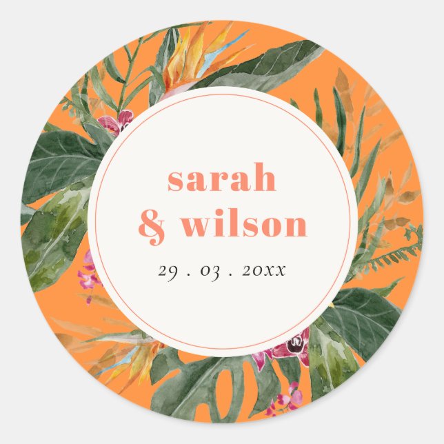 Vibrant Orange Blush Boho Tropical Floral Wedding Classic Round Sticker (Front)