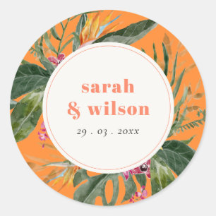 Vibrant Orange Blush Boho Tropical Floral Wedding Classic Round Sticker