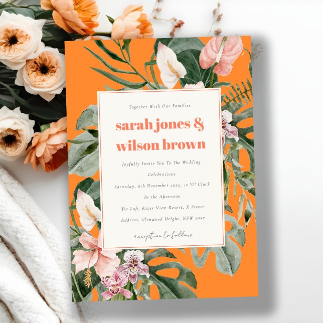 Vibrant Orange Blush Boho Tropical Floral Wedding Invitation (Creator Uploaded)