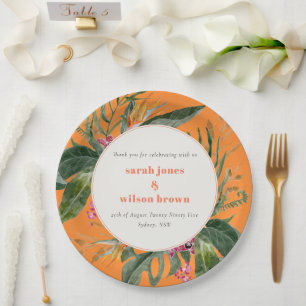 Vibrant Orange Blush Boho Tropical Floral Wedding Paper Plate