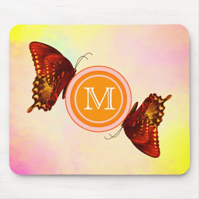 Vibrant Orange Butterflies & Pastel Sky | Monogram Mouse Mat (Front)