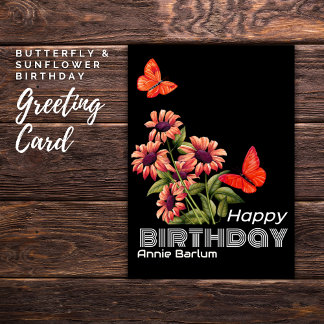 Vibrant Orange Butterfly & Sunflower Birthday Card