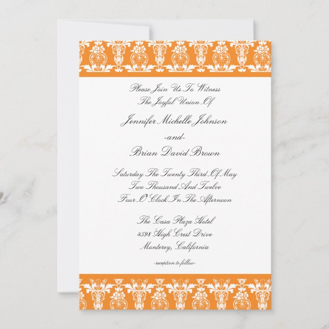 Vibrant Orange Damask Wedding Invitation (Front)