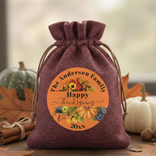 Vibrant Orange Fall Cornucopia Family Thanksgiving Classic Round Sticker