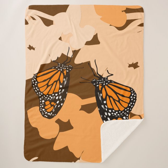Vibrant Orange Feeding Monarch Butterfly Pair Sherpa Blanket (Front)