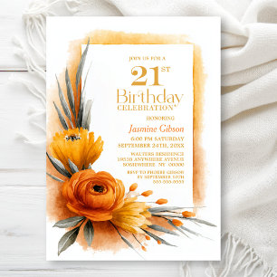 Vibrant Orange Floral 21st Birthday Party Invitation