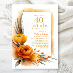 Vibrant Orange Floral 40th Birthday Party Invitation