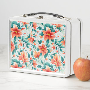Vibrant Orange Floral Garden Pattern - Elegant Tea Metal Lunch Box