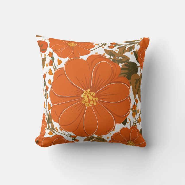 Vibrant Orange Floral Pattern with Leaves Cushion (Front)