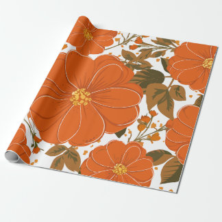 Vibrant Orange Floral Pattern with Leaves Wrapping Paper