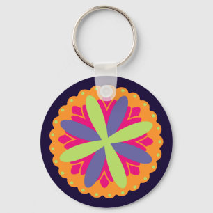 Vibrant Orange Floral Shapes Key Ring
