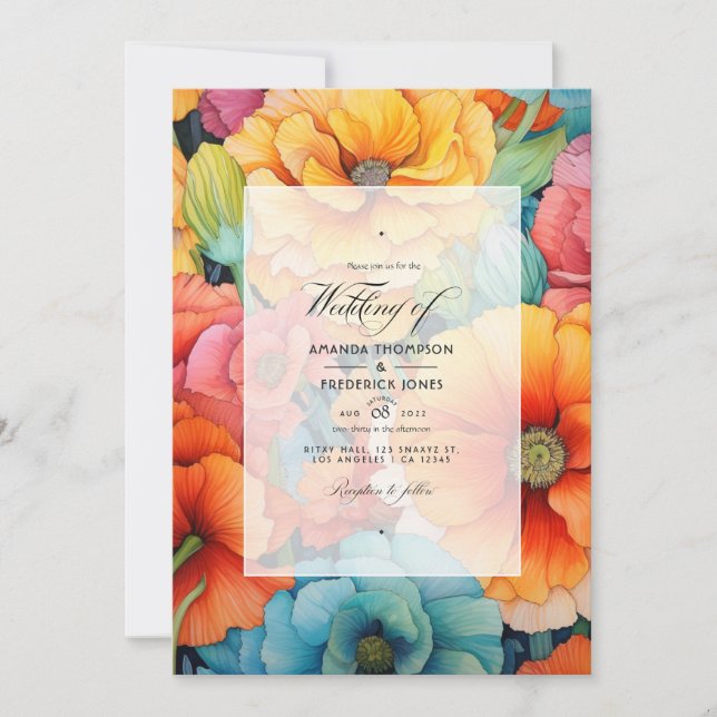 Vibrant Orange Floral Wedding Invitation (Front)