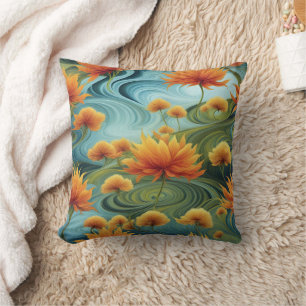 Vibrant Orange Flowers Amidst Swirling Blues Cushion