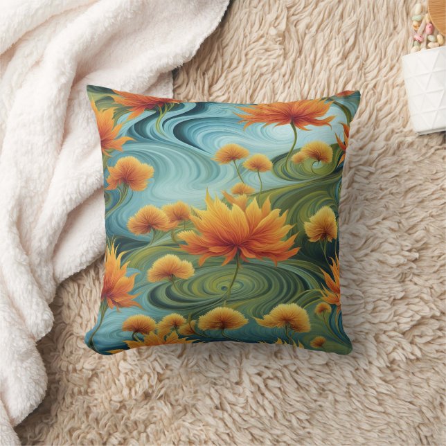 Vibrant Orange Flowers Amidst Swirling Blues Cushion (Blanket)