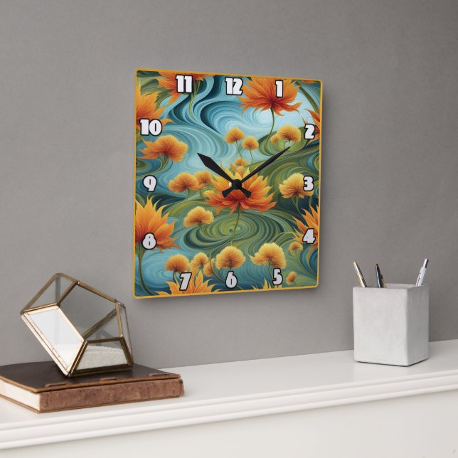 Vibrant Orange Flowers Amidst Swirling Blues Square Wall Clock (Office)