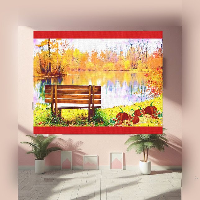 Vibrant Orange Garden Bench Fall Colour Autumn Lea Canvas Print (Vibrant Orange Garden Bench Fall Color Autumn Leaf Canvas Print)