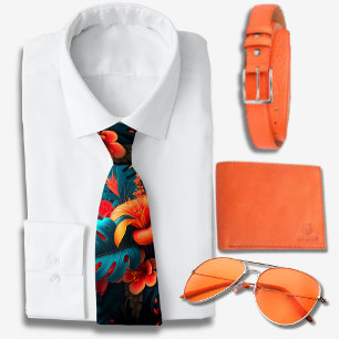 Vibrant Orange  Hawaiian pattern  Tie