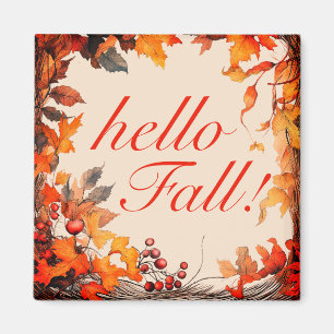 Vibrant Orange "hello Fall!" Autumn Leaves  Magnet