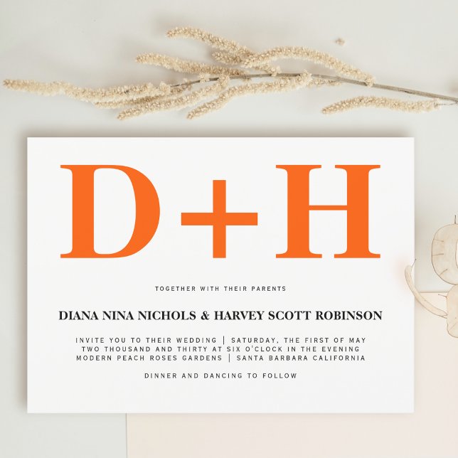 Vibrant orange initials bold typography wedding invitation (Creator Uploaded)