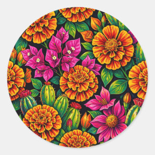 Vibrant Orange Magenta Marigold Cactus Tropical  Classic Round Sticker