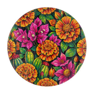 Vibrant Orange Magenta Marigold Cactus Tropical Cutting Board