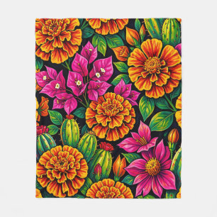 Vibrant Orange Magenta Marigold Cactus Tropical Fleece Blanket