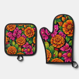 Vibrant Orange Magenta Marigold Cactus Tropical Oven Mitt & Pot Holder Set