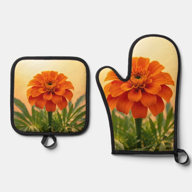 Vibrant Orange Marigold Flower Golden Sunset Oven Mitt & Pot Holder Set (Front)