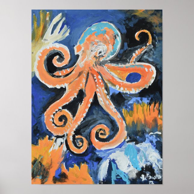Vibrant Orange Octopus Expressionist Poster (Front)