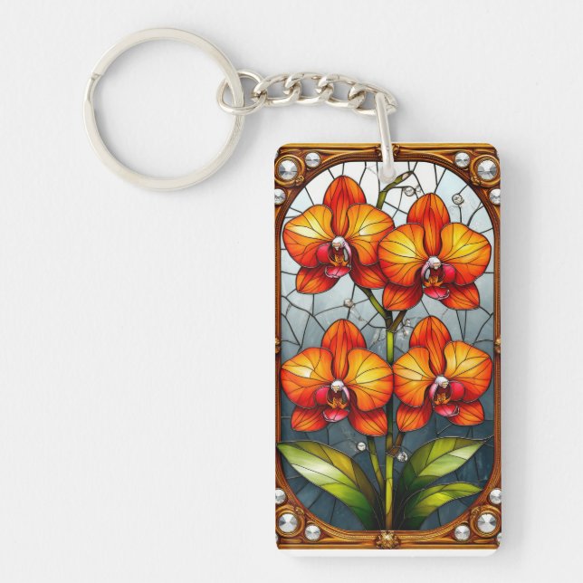 Vibrant orange Orchids in Ornamental Gold Frame Key Ring (Front)