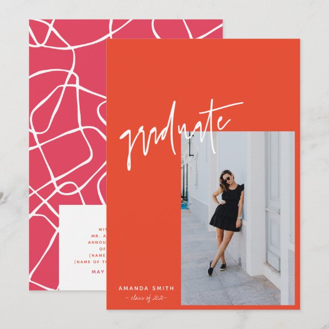 Vibrant Orange Pink Trendy Script Photo Graduation Announcement (Front/Back)