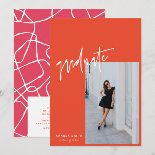 Vibrant Orange Pink Trendy Script Photo Graduation Announcement