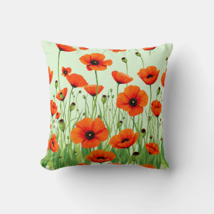 Vibrant Orange Poppy Field Watercolor Summer Cushion