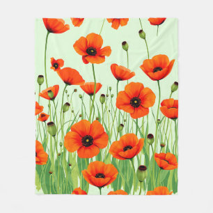 Vibrant Orange Poppy Field Watercolor Summer Fleece Blanket