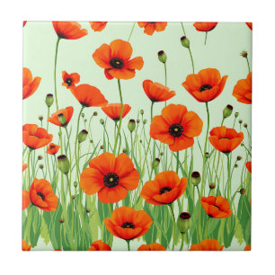 Vibrant Orange Poppy Field Watercolor Summer Tile