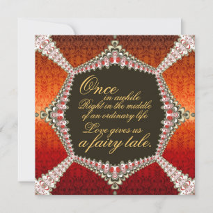 Vibrant Orange Red Damask Fractal Lace Fairytale Invitation