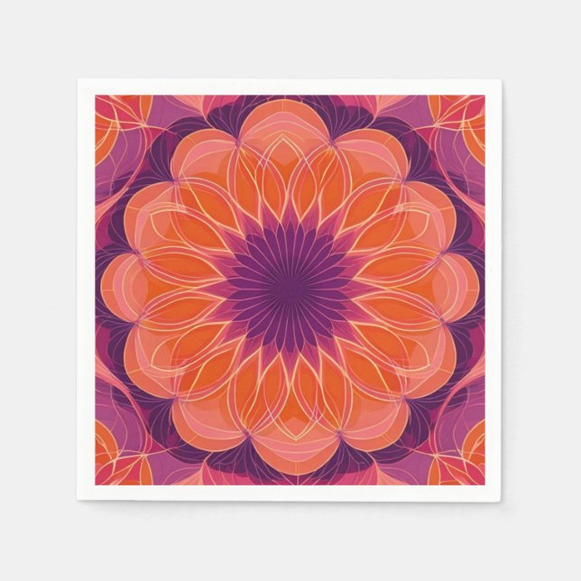 Vibrant Orange with Purple Floral Kaleidoscope Napkin (Front)