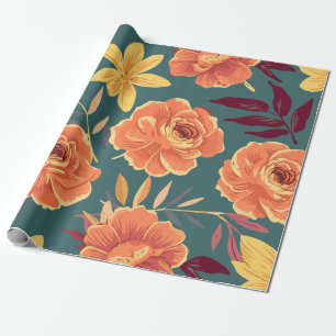 Vibrant Orange & Yellow Floral on Green Background Wrapping Paper