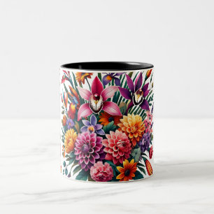 Vibrant Orchid & Dahlia Floral  Two-Tone Coffee Mug
