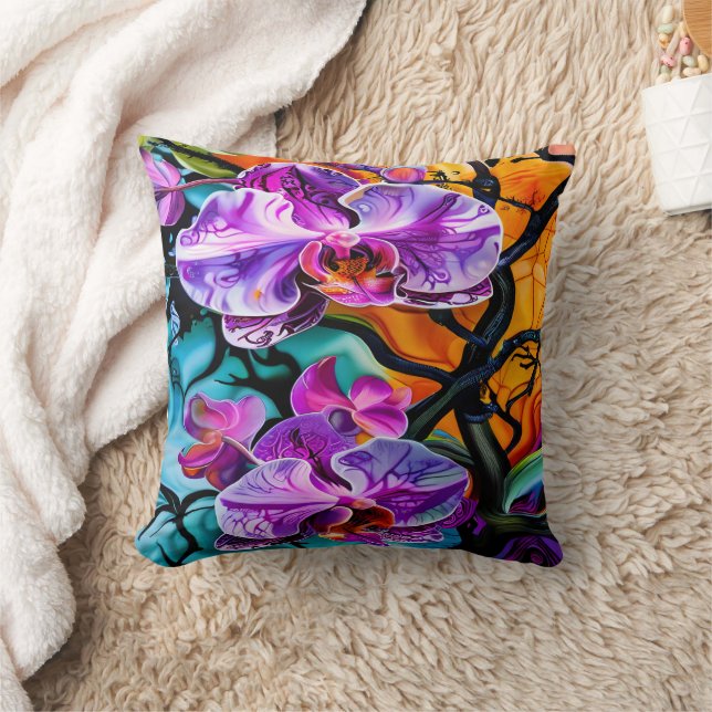 Vibrant Orchids Against a Colourful Background Cushion (Blanket)