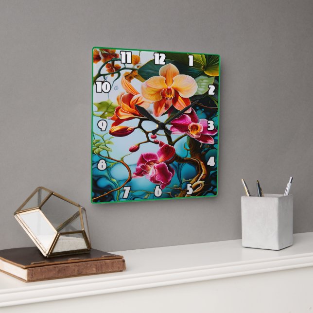 Vibrant Orchids Blooming in Tropical Paradise Square Wall Clock (Office)
