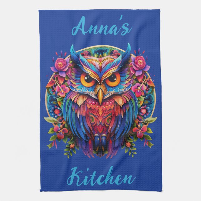 Vibrant Owl - Colourful Boho w/ Custom Name Tea Towel (Vertical)