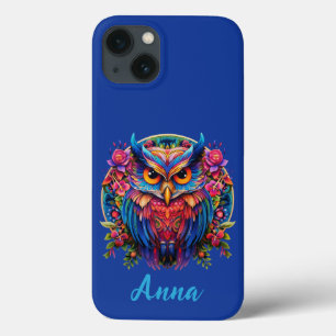 Vibrant Owl with Floral Accents - Custom Name iPhone 13 Case