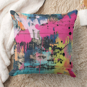 Vibrant Paint Splatter Graffiti Pink Yellow Blue Cushion
