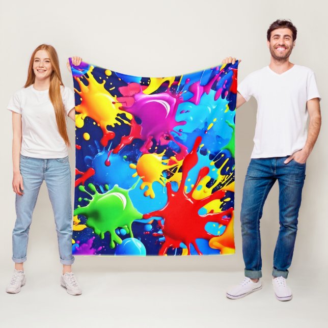 Vibrant Paint Splatters: A Bold Colours Statement Fleece Blanket (In Situ)